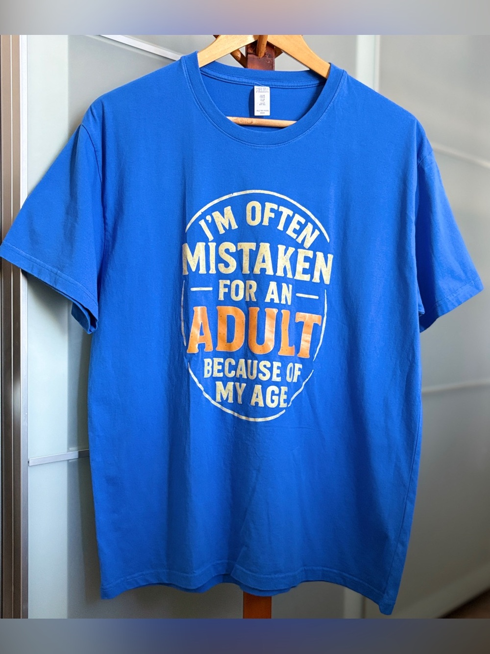Funny Graphic Tee Blue Novelty T-Shirt "Mistaken For An Adult" XL 100% Cotton
